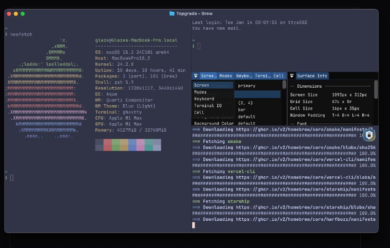 #App #GitHub情报 #Terminal Ghostty: 跨平台，多功能，高性能终端模拟器Github | 官网✨ Features- 上百个颜色主题- 配置文件更改字体，窗口，外观，快捷键等- 提供 API，方便开发者二次开发- 使用 macOS，Linux 原生组件- 命令行功能上支持 Kitty 图形协议、明暗模式通知、超链接等- 应用支持原生标签页、分屏、macOS 上的下拉终端，以及随系统明暗模式切换主题- 调试器- 高性能：使用 macOS Metal 渲染器，IO 读写比 iTerm Kitty 快 4x，比 Terminal.app 快 2x 为什么 Ghostty?尽管市面上有许多优秀的终端模拟器，但它们都迫使你在速度、功能或原生界面之间做出选择