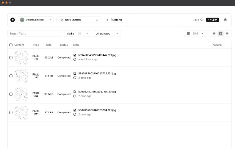👉 名称：telegram-files🤖 类型：🎯项目👏 介绍：从 Telegram 频道和群组下载文件的开源项目，支持多账号并确保文件不会重复下载，具备下载暂停和继续的功能：