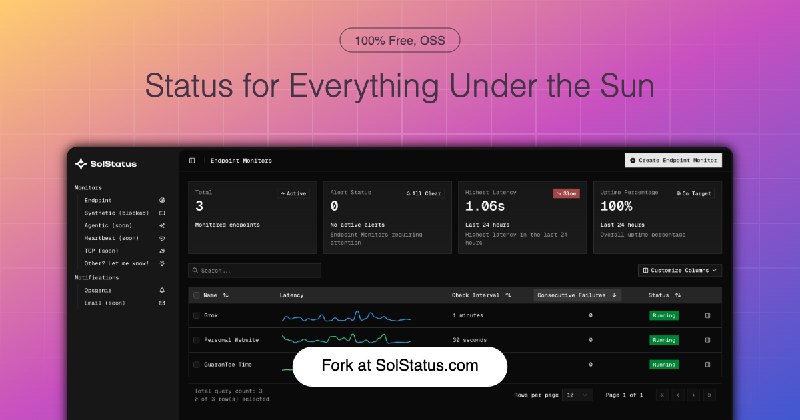 GitHub - jonbeckman/solstatus: An uptime monitoring service that is easy and cheap to run at scale. Create endpoint checks for…