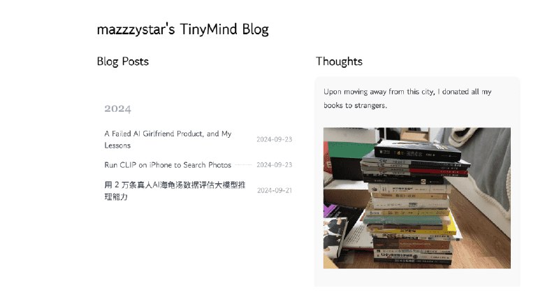 👉 名称：tinymind🤖 类型：🎯项目👏 介绍：Tinymind 是一个将 GitHub 作为数据存储平台的博客工具，允许用户通过 OAuth 授权直接在自己的公共仓库中写作和同步文章，无需搭建服务器：