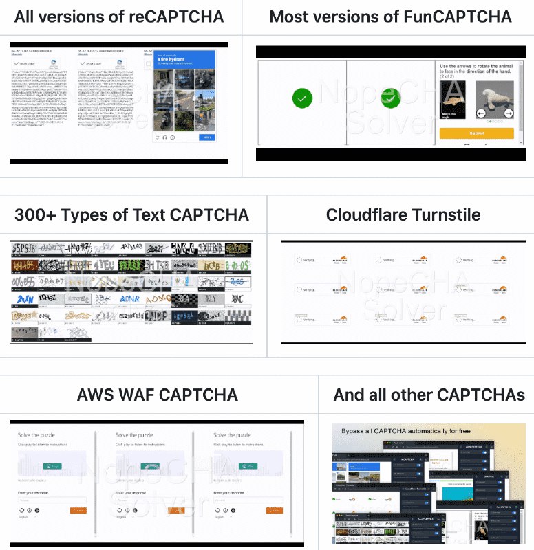 👉 名称：nopecha-extension🤖 类型：🤖软件👏 介绍：免费使用的网页验证码解决方案，能够处理多种类型的 CAPTCHA，包括 reCAPTCHA、FunCAPTCHA、文本 CAPTCHA 和 Cloudflare Turnstile 等
