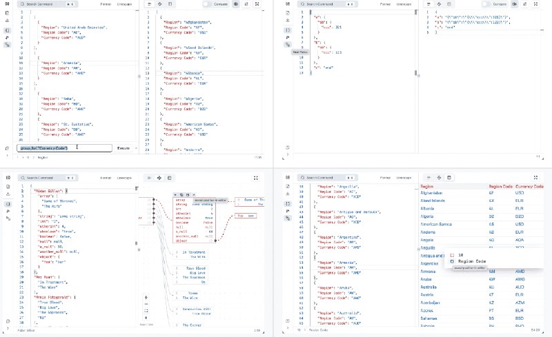 👉 名称：json4u🤖 类型：🕸网站👏 介绍：一个功能非常强大的 json 可视化和处理工具，提供图形和表格视图模式，支持结构化和文本比较、错误上下文验证、嵌套解析等功能，并且具有用户友好的界面设计- 图形和表格视图模式- 结构化和文本比较- 使用错误上下文进行验证- 嵌套解析- 支持jq- 导入和导出CSV文件- 设计良好且易于使用的UI代码是开源的