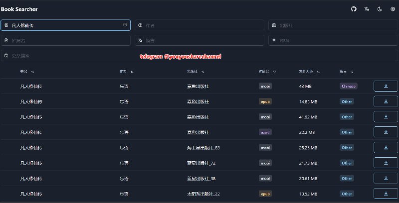Book Searcher，一个非常强大的图书搜索工具虽然页面做得比较简单，但是没有广，并且也支持搜索，搜索很快，能在1秒内搜索到很多书籍的数据丰富的搜索模式支持“filter”模式（默认，所有条件必须匹配）和“explore”模式（只需满足部分条件）