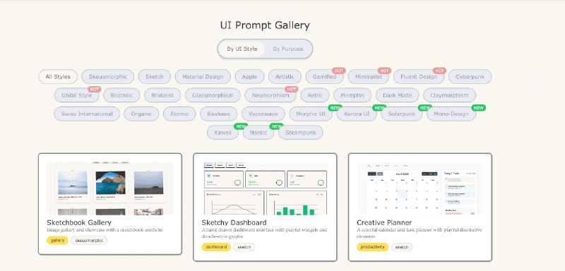👉 名称：uiprompt.art🤖 类型：🕸网站👏 介绍：UI Prompt Explorer 网站提供了一个专注于手绘风格界面设计的展示平台，包括画册、仪表板、日程规划、作品集、电子商务和博客等多种设计模板：