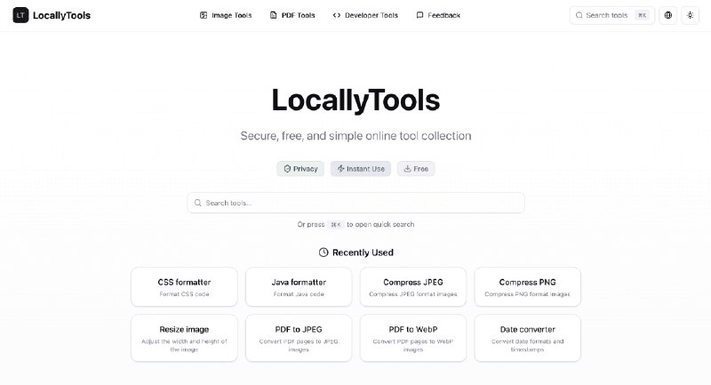 👉 名称：LocallyTools🤖 类型：🕸网站👏 介绍：这是一个在线工具箱网站，它最大的特点是：所有工具都 100% 在用户的浏览器本地运行