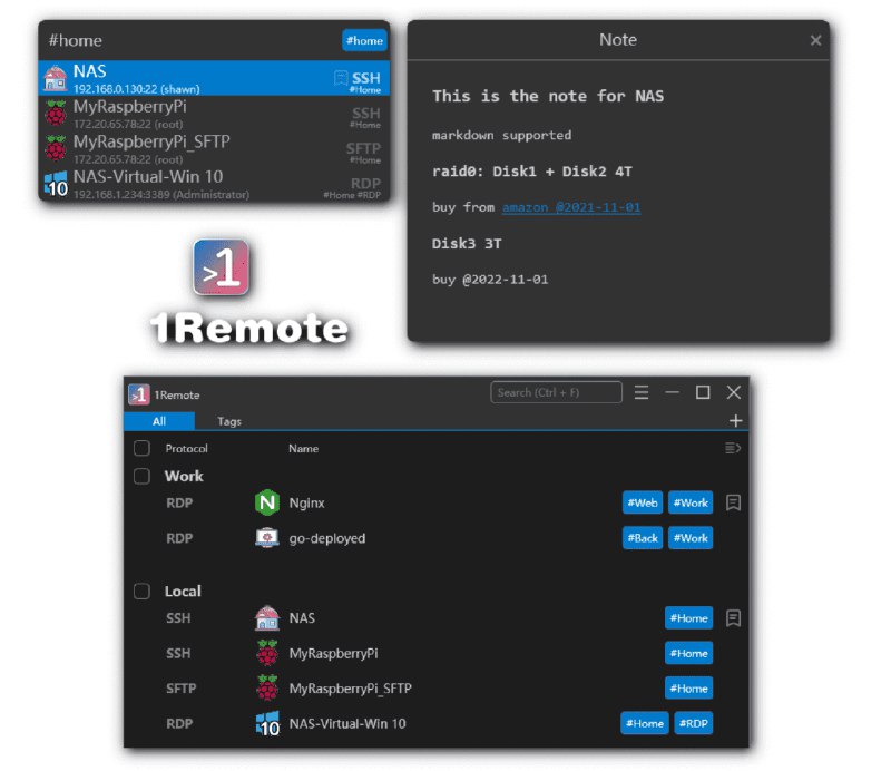 👉 名称：1Remote🤖 类型：🤖软件👏 介绍：1Remote 是一款现代化的个人远程会话管理员和启动器，使用它你可以管理从一个入口管理多种远程会话- ⭐ 开源且免费- ⭐ 支持 RDP, SSH, VNC, Telnet, (S)FTP, RemoteApp 等多种协议- ⭐ 多屏幕、高分辨率的 RDP 支持- ⭐ 一键打开你的远程连接 (Alt + M)- ⭐ 单个服务器配置中允许存储多个地址和账号- ⭐ 基于选项卡的远程桌面界面、多语言、可自定义颜色主题- ⭐ 易于部署，仅需解压就能运行