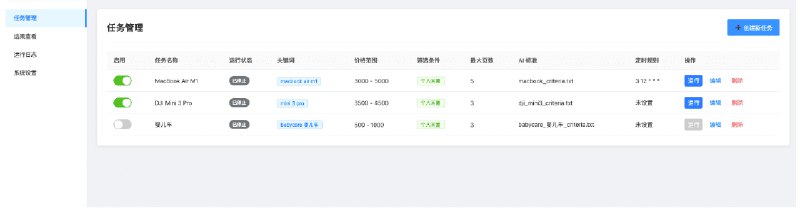👉 名称：ai-goofish-monitor🤖 类型：🎯项目👏 介绍：一个基于 Playwright 和 AI 过滤分析的闲鱼多任务实时监控与智能分析工具，配备了功能完善的 Web 管理界面- 可视化Web界面: 提供完整的Web UI，支持任务的可视化管理、AI标准在线编辑、运行日志实时查看和结果筛选浏览，无需直接操作命令行和配置文件