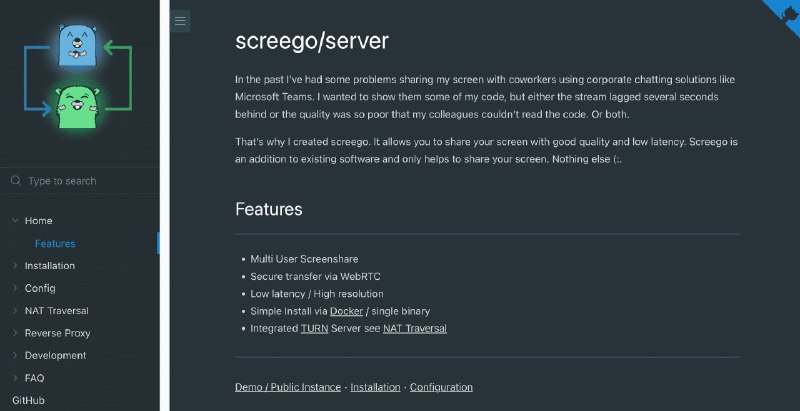 👉 名称：screego🤖 类型：🎯项目👏 介绍：一个开源的屏幕共享工具，专为开发者设计，支持多用户屏幕共享，通过 WebRTC 提供安全传输，具有低延迟和高分辨率的特点，可以通过 Docker 或单个二进制文件简单安装：