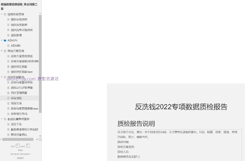 原型项目介绍项目名称： 数据质量管理原型所属行业： 数据管理与质量控制原型文档包含内容规则类型管理规则类型选择规则类型新增规则类型详情界面规则新增质检方案管理质检方案管理界面质检方案新增/修改弹框规则绑定界面质检结果管理规则运行详情界面例外管理界面报告预览与生成数据质量整改管理整改案例与统计分析智能探索与工作台解决的痛点或目标提高数据准确性和一致性减少数据质量问题导致的业务风险提升数据管理效率优化数据质量监控流程核心功能模块介绍规则类型管理： 允许用户定义和管理数据质量规则的类型，以适应不同的数据质量需求