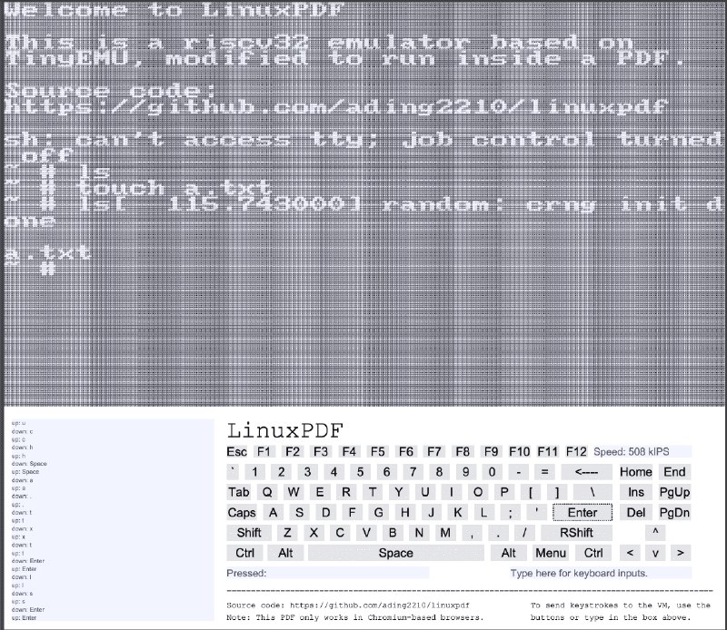 👉 名称：linux.pdf🤖 类型：🕸网站👏 介绍：PDF 中运行 Linux，通过 RISC-V 架构的模拟器实现开源地址：linuxpdf