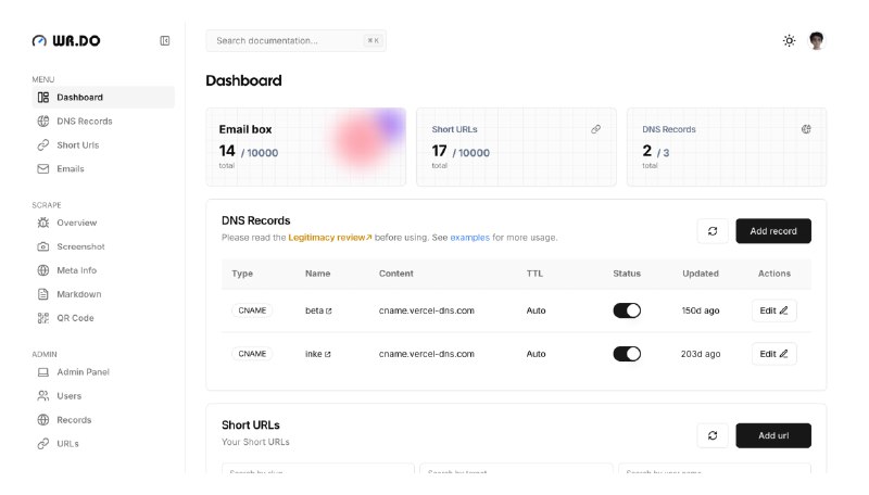 #开源 #建站 #Cloudflare WR.DO -  一个短链、临时邮箱、临时聊天室以及子域名管理聚合平台WR.DO同时拥有短链生成、临时邮箱、管理 DNS 记录等强大功能支持一键部署📮投稿    📢频道    💬群聊    索引