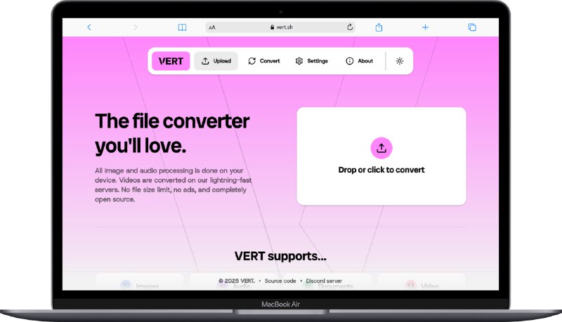 #开源 #文件处理 VERT -  一款开源的全能文件格式转换工具  在线体验支持图片、音频、文档、视频的格式转换，所有操作都是在本地浏览器完成支持 Docker 部署📮投稿    📢频道    💬群聊    索引