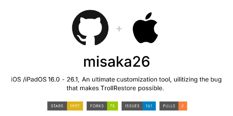 #iOS #BUG #AI Misaka26 iOS/iPadOS 高级系统定制工具，利用 TrollRestore 漏洞实现无需越狱即可启用系统增强功能，包括多任务、动态岛、充电限制、开机声音、Always-On 显示、Apple Pencil 优化、Action Button、自定义时钟界面、相机静音等，最重要的是可以开启 Apple Intelligence ，即苹果 AI ，需要下载 IPA 文件后重启才能生效，免费开源