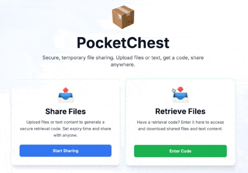 #Cloudflare #文件共享 PocketChest - 开源可自部署在 Cloudflare 上的临时文件/文本共享服务 部署指南可以理解为结合了 Pastebin 与 Firefox Send，使用场景一般是偶尔需要临时传给别人文本/文件，但接收设备不一定能用 AirDrop、通用剪贴板、微信（尤其是公用设备）等 工具基于 Cloudflare Worker + Pages + R2 + D1，只需要一个托管在 Cloudflare 的域名即可使用📮投稿    📢频道    💬群聊    索引