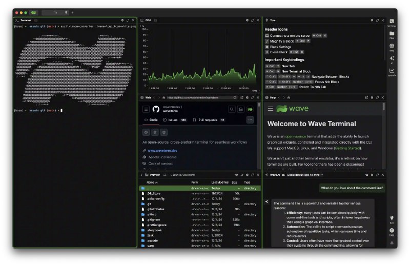#开源 #cli #跨平台 Wave Terminal - 一款集成 AI 辅助与网页浏览功能的图形化终端Wave Terminal 是一款开源的终端软件，结合传统命令行界面与图形化功能，支持文件预览、网页浏览和 AI 辅助等功能