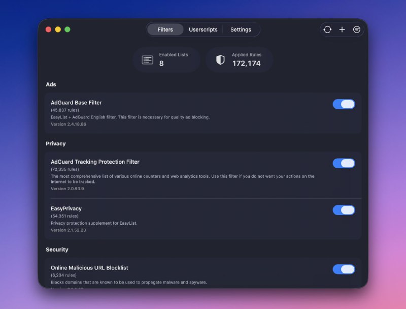 wBlockSafari 拦截工具，支持大容量规则集，macOS 上可加载约 75 万条规则，iOS 上约 50 万条，支持、追踪器与恶意软件屏蔽、一键去除 Cookie 横幅或订阅弹窗、用户脚本注入、站点开关、自定义过滤器列表、白名单管理、日志查看等功能，适用于 macOS 与 iOS／iPadOS 平台