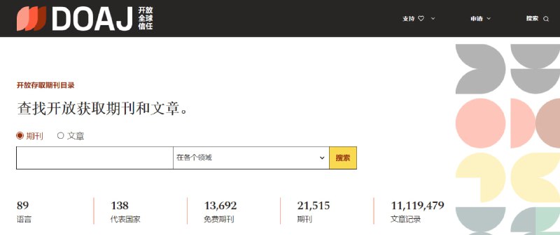 DOAJ全球期刊搜索平台，涵盖全球各学科的开放获取、同行评审期刊，支持多语言和多国家的出版物，可按、ISSN、主题、出版国家等条件搜索，现已收录超过 21,000 种期刊和 1,100 万篇文章，所有数据均可免费下载，无需注册登陆