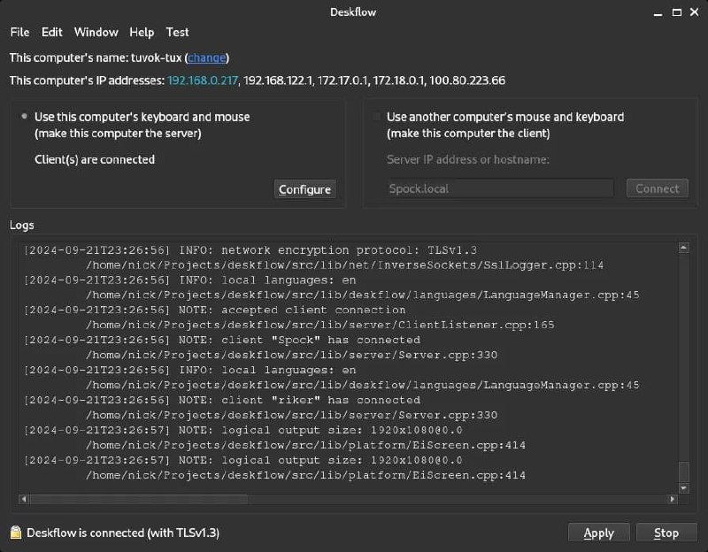 Deskflow - 开源键盘和鼠标共享工具键盘和鼠标共享一个开源键盘和鼠标共享工具，可以通过一台计算机的键盘和鼠标来控制附近的多台计算机，实现无缝切换工作