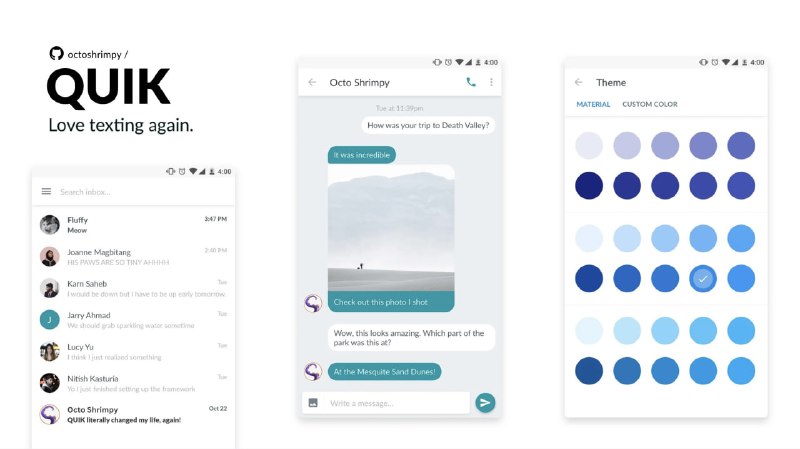 #短信 #开源 QUIK Android 第三方短信应用，功能非常丰富，支持定时发送、语音转文字、附件传输、群发消息、备份还原、消息过滤与拦截、快速回复、TTS 播报、草稿保存、彩色主题自定义等功能，并优化了通知处理与界面交互，免费开源，在 GitHub 上获得超 1400 颗星星