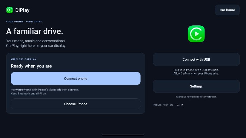 #carplay #开源 DiPlay - 给安卓车机装上有线/无线 CarPlay 下载页面DiPlay 是一个开源的 CarPlay 接收端，用于兼容的安卓车机，可以通过 USB 或无线方式连接 iPhone