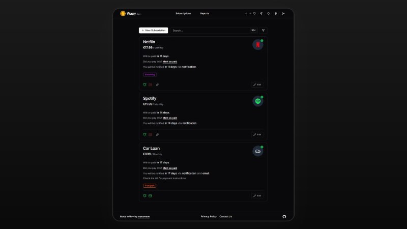 #开源 #工具 Wapy.dev 一款开源的订阅和费用追踪工具Wapy.dev 专注于管理付款，订阅到期就会推送通知已收录至「订阅和费用追踪」📮投稿    📢频道    💬群聊    索引