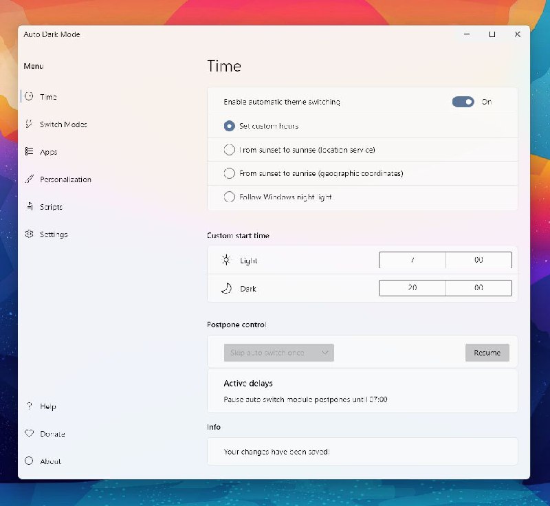 Windows Auto Dark Mode - Windows 自动深色模式Windows 自动深色模式一个 Windows 系统的主题切换工具，可以根据日出和日落自动在深色和浅色主题之间切换